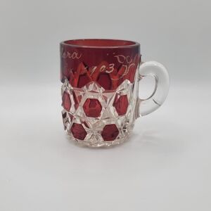 Antique Ruby Flashed Block Pattern EAPG Mug, Engraved Name, Vintage Glass Mug